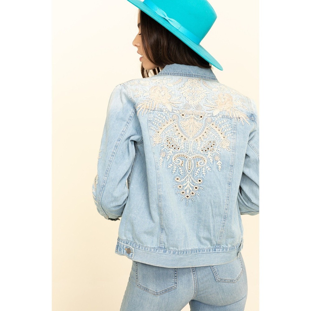 Johnny Was Iva Denim Jacket XS Blue Embroidered Floral Boho Western Jean Coat